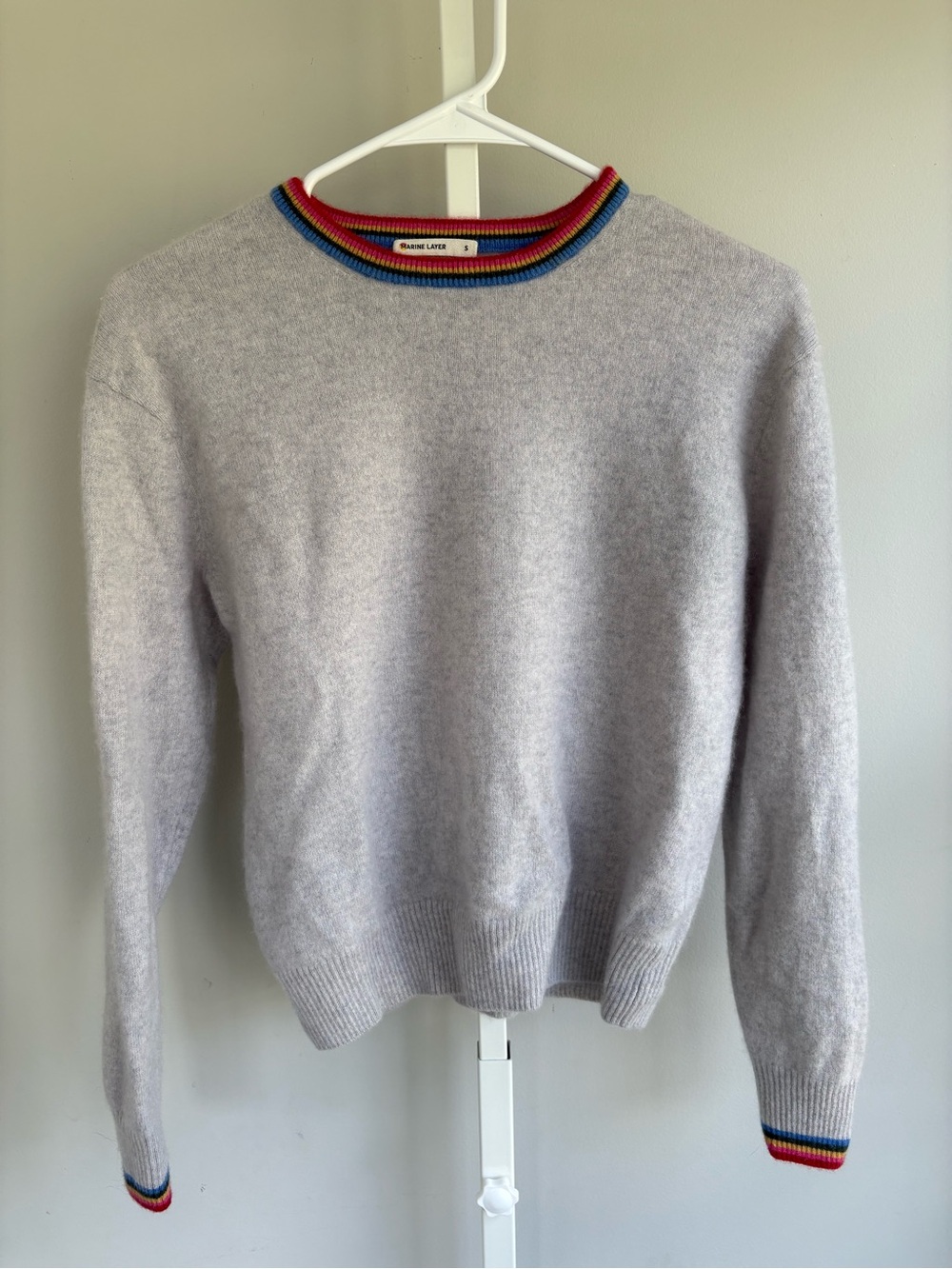 Sandro 100% Cashmere Striped Trim Crewneck Sweater Gray Red Size S